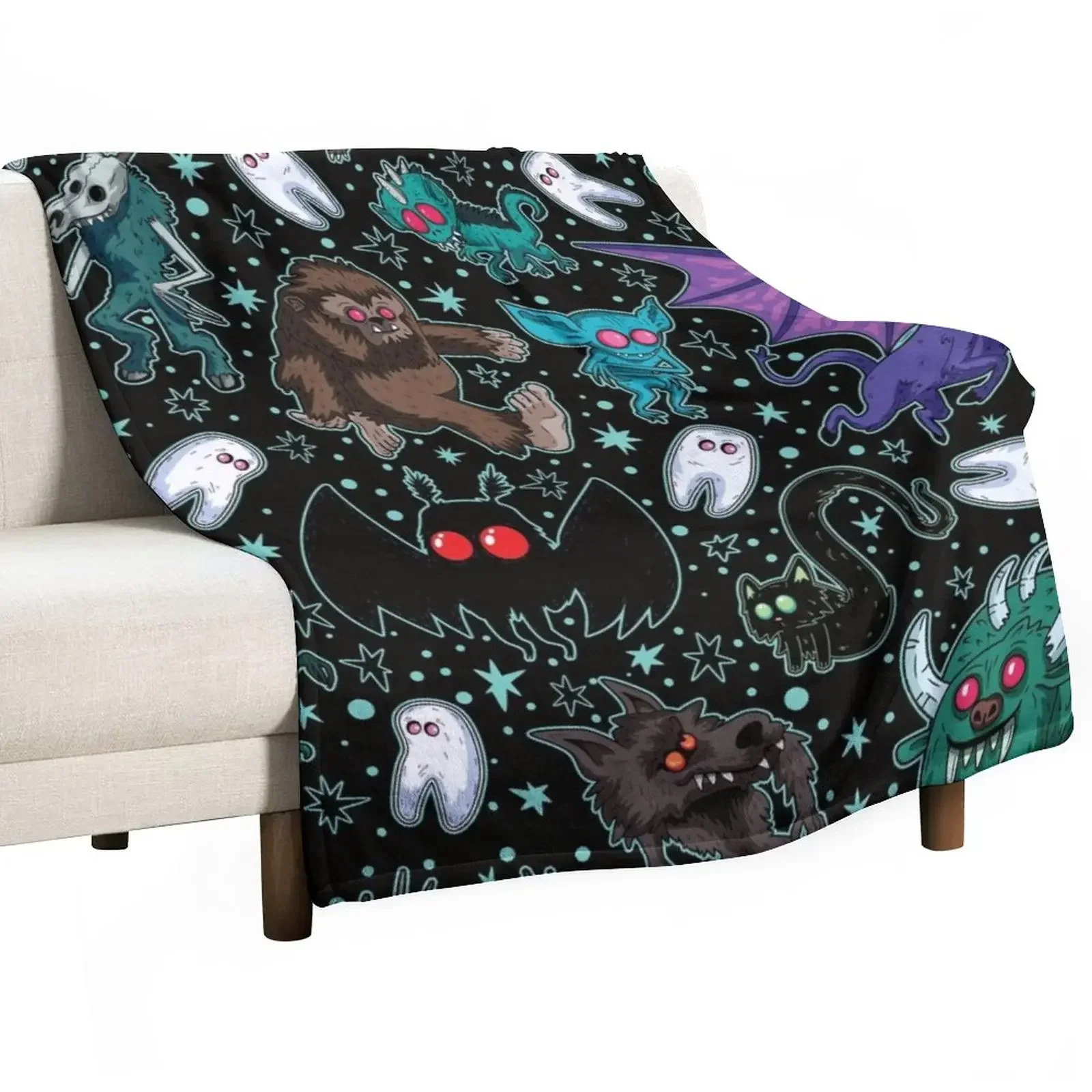 

Cryptids Night Black Throw Blanket Dorm Room Essentials Beach wednesday Blankets