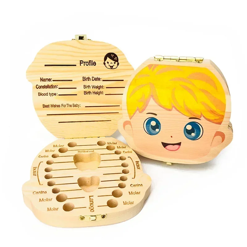 Spanish English Baby Wood Tooth Box Organizer Milk Teeth Storage Collect Teeth Umbilica Save Gifts Baby Tooth Box