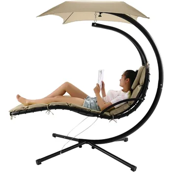 Floating Hanging Chaise Lounger Chair Swing Hammock with Canopy,350lbs Capacity (Beige) 1