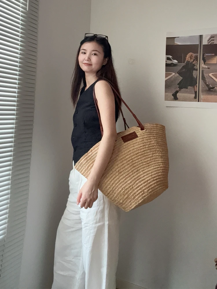 Women's Large Capacity Shoulder Bag Summer Lafite Straw  Real leather Woven Handbag Fashion Female Luxury Designer Beach Bag
