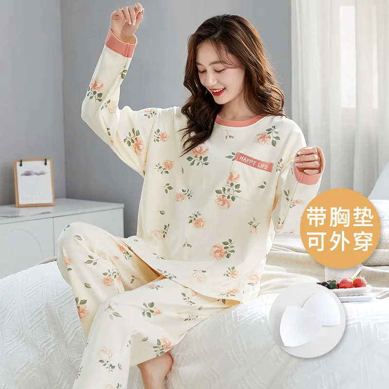 Autumn Women's Sleepwear with Bra Padded Cotton Home Clothes Female Youth Girl Pajamas Set Fashion Printed Pijamas Mujer Pjs