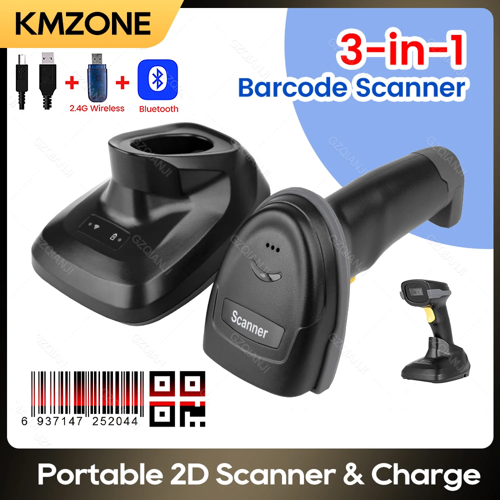 1D/2D Barcode Scanner 2.4G Wireless Bluetooth USB Compatible QR Bar code Reader for POS Inventory Supermarket Mobile Screen