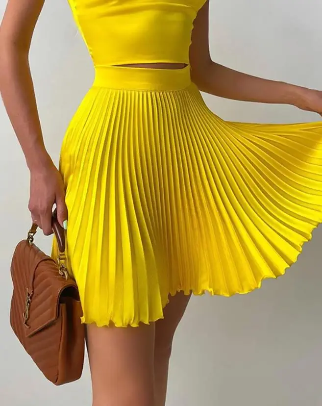 Women's Sweet Dress 2024 Spring Summer Latest Solid Elegant U-Neck Crop Sleeveless Tank Top & Tight Satin Pleated Lace Skirt Set