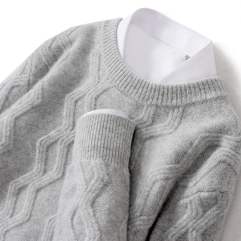 Autumn and winter new round neck thickened 100% sweater men's solid color wave loose pullover knitted bottoming shirt. 2