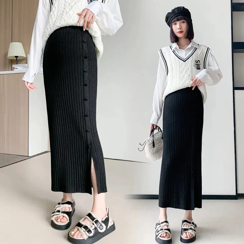 Maternity Skirt Knitted Mid-Length Wrap Body Side Slit One-Step Fashion Slimming Midi Half-length Autumn Winter