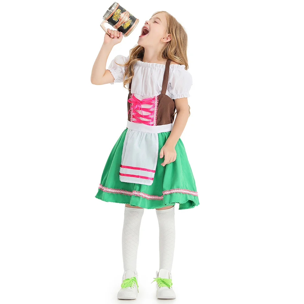 Hot Child German Traditional Oktoberfest Costume Beer Festival Dirndl Girl Cosplay Ethnic Performance Grass Green Dress