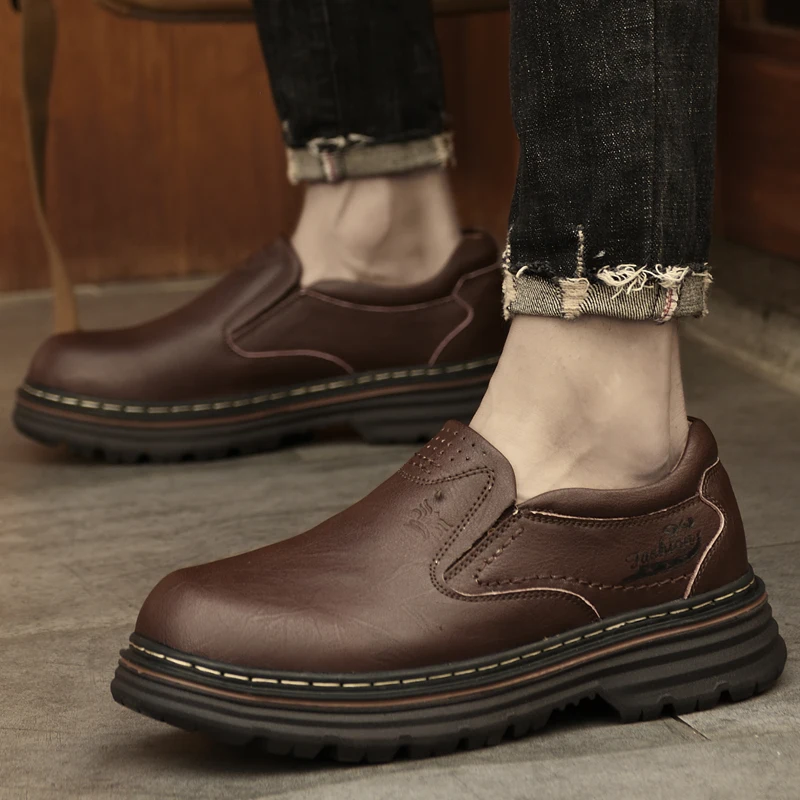 

Spring Walking Outdoor Thick Sole Men Shoes British Style Luxury Brand Genuine Leather Loafers Shoes Slip-On Safety Work Shoes