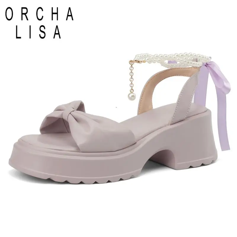 

Новинка 2024, летние женские сандалии orchid A LISA, туфли на каблуке 6 см, с бантом, со шнуровкой и бусинами, на платформе, большие размеры 42 43, мягкая повседневная обувь