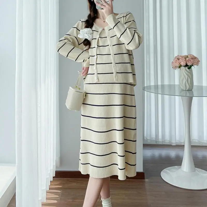 090A 임신 한 여성을위한 임신 옷 복장 야외 활동 니트 가디건 롱 드레스 출산 버튼 다운 가디건