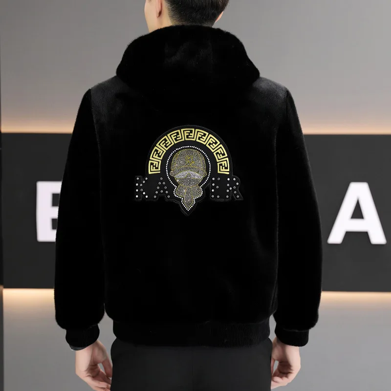 

#4306 Winter Black Faux Fur Jacket Men Warm Cartoon Diamonds Short Mens Coats And Jackets Zipper Hooded Coat Slim Plus Size 5XL