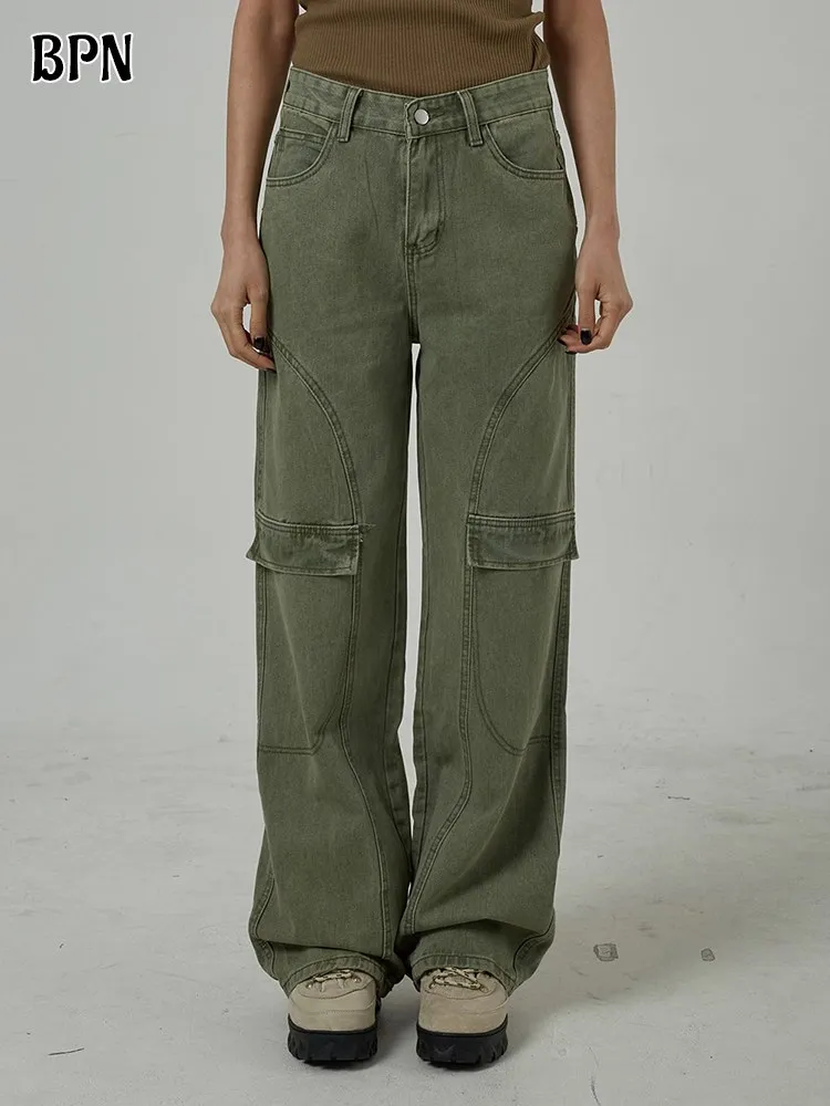 

BPN Minimalist Soild Jeans For Women High Waist Patchwork Pockets Casual Loose Wide Leg Denim Pants Female Fashion Clothing New