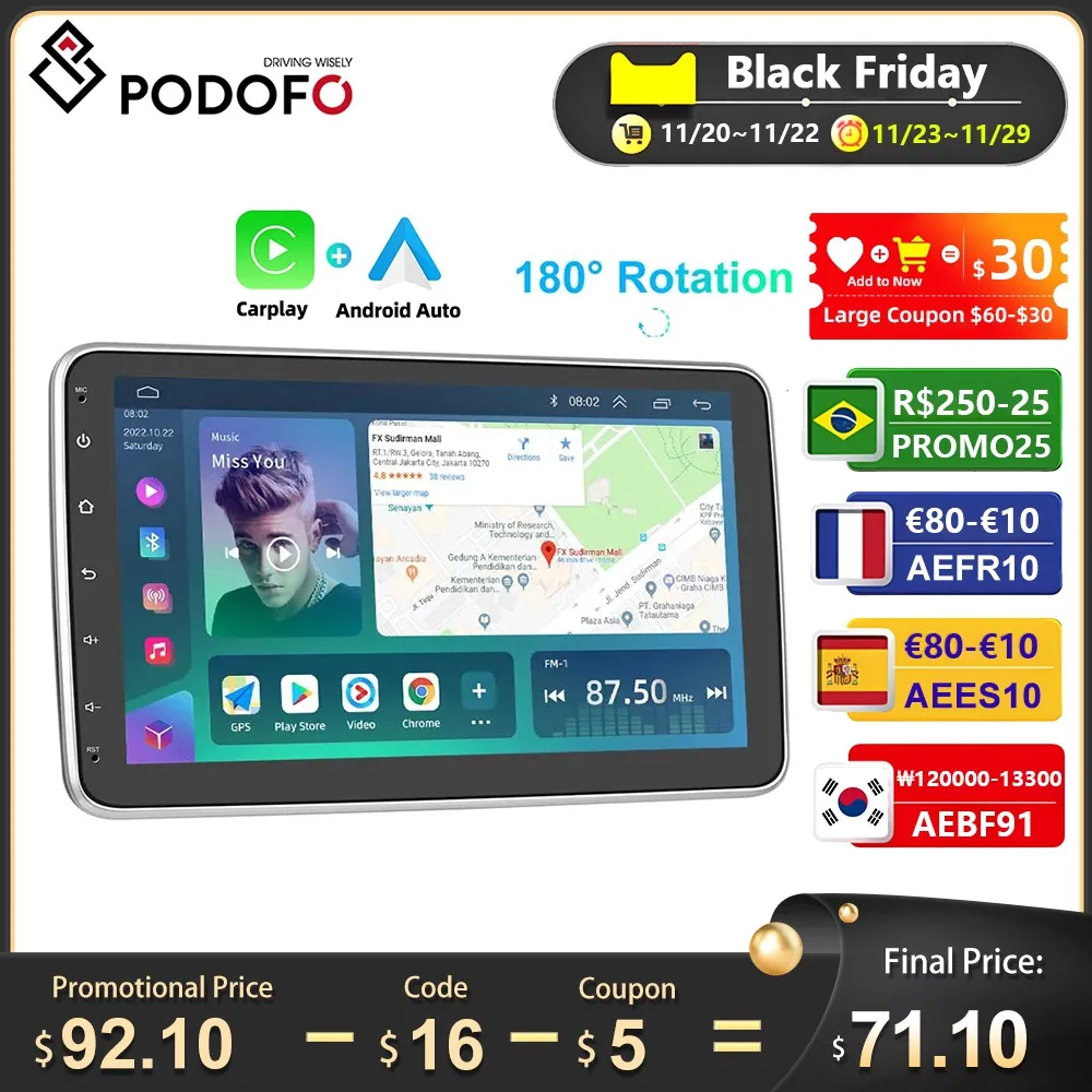 

Podofo 1 Din CarPlay Rotatable Android AutoRadio Car Radio 10" Screen Intelligent Systems Car Video Multimedia Player Head Unit