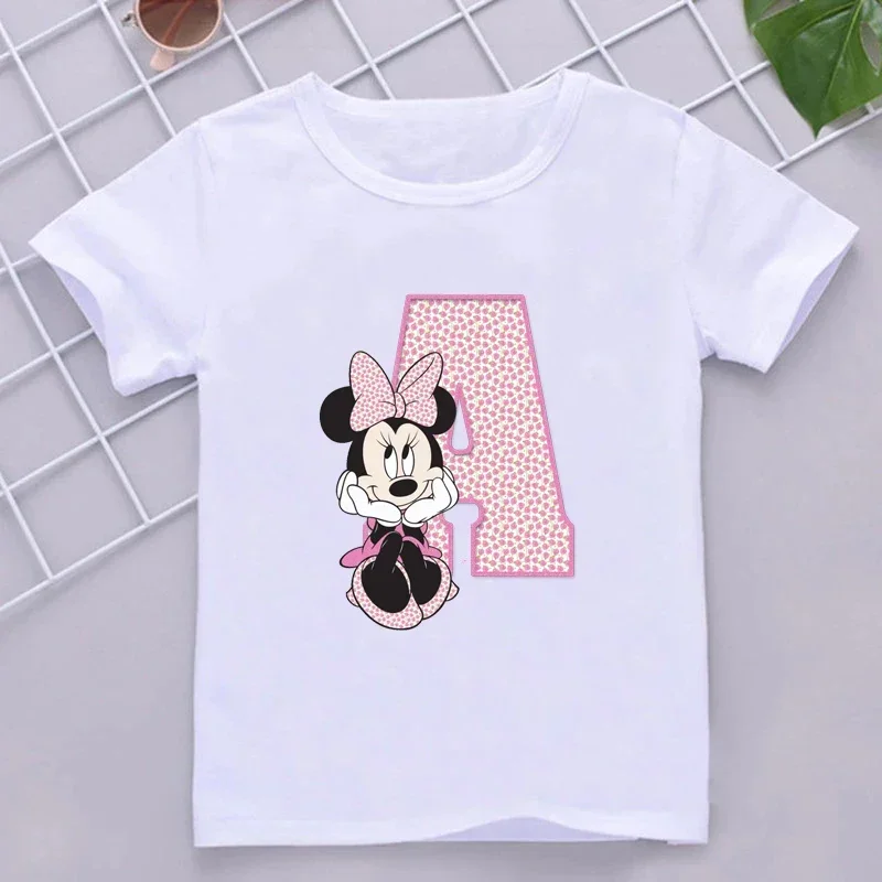 thumbnail image 1 of Camisetas de algodón para niños de Minnie con combinación de letras de la A a la Z y nombres, ropa de dibujos animados de Disney Kawaii, camisetas para niños y niñas, camisetas casuales, 1 of 5