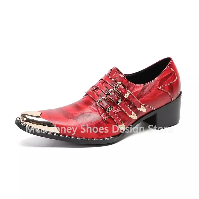 

Retro Mixed Color Slip-On Shallow Men's Loafers Metal Square Toe Chunky Heel Belt Buckle Decor Male Party Dress Derby Shoes