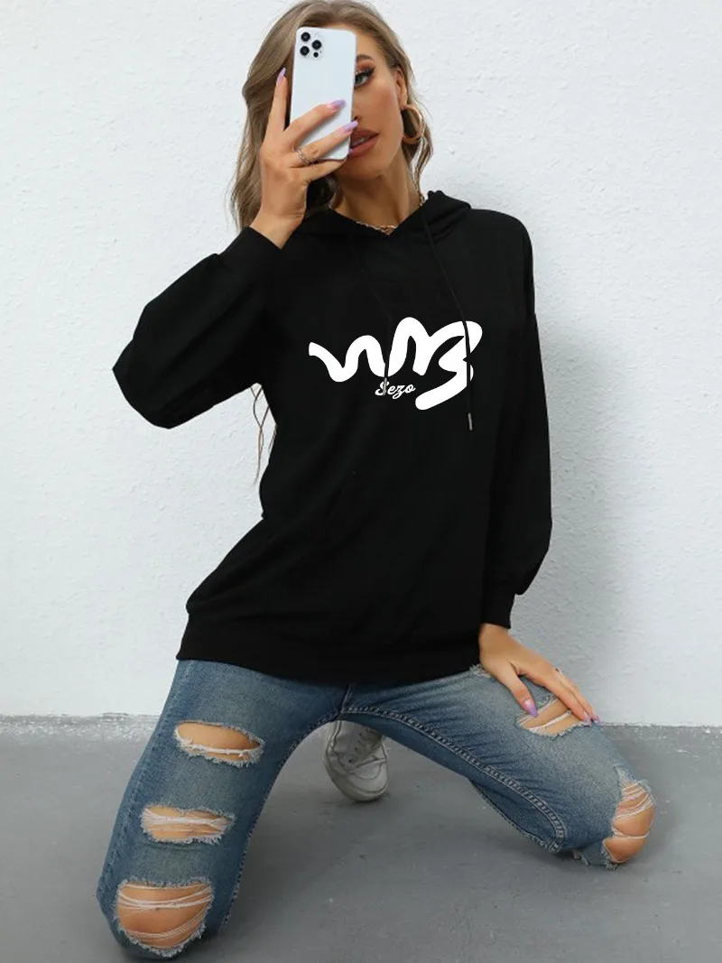 2022 Autumn/Winter New Women's Wear Design Feel Plush Loose Printing Loose Relaxed Versatile Solid Color Sweater Hoodie