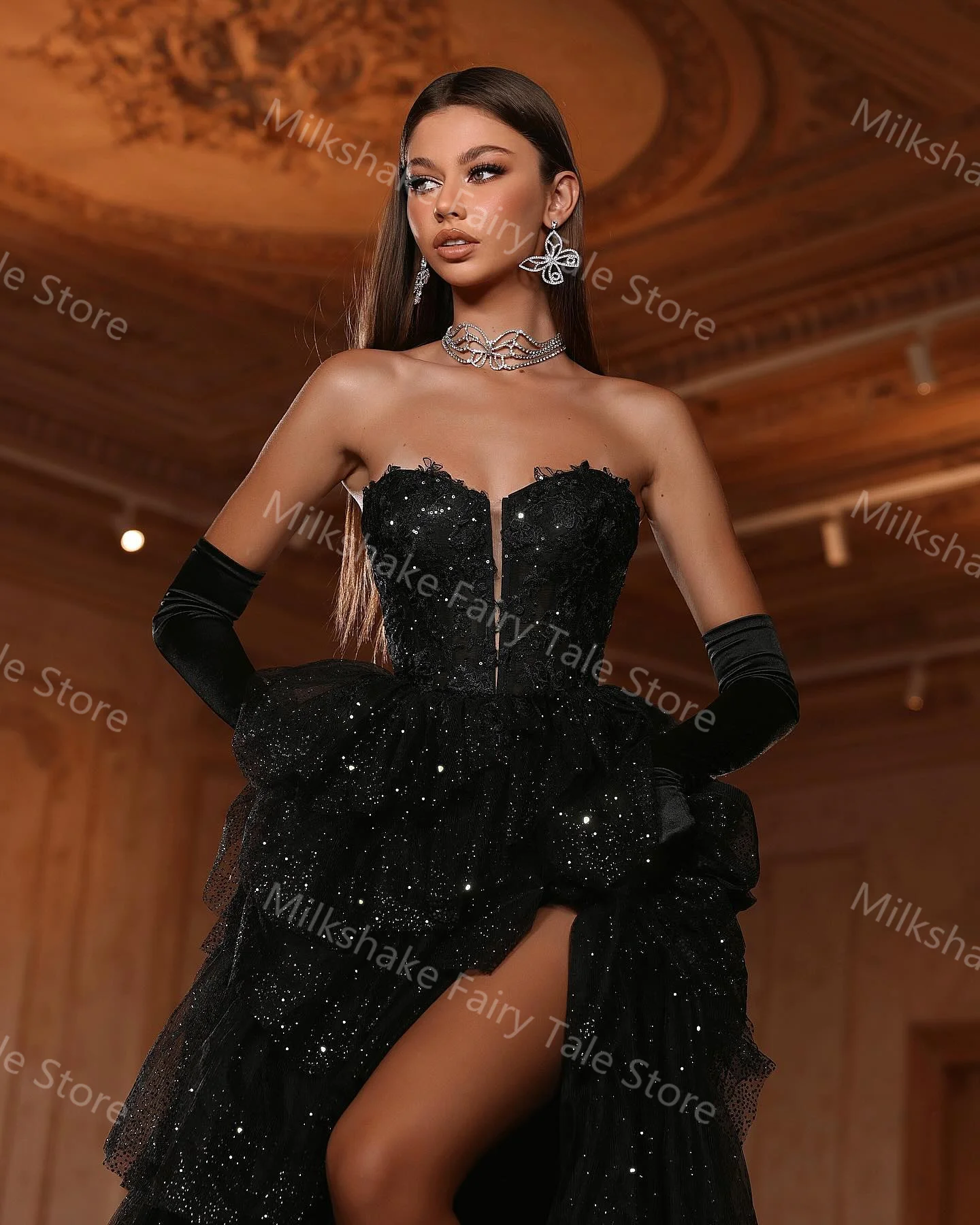 Glamorous Black Evening Dresses for Women Glitter Sequins Sleeveless Prom Gowns Sexy High Split Tiered Ruffles Celebrity Dresses