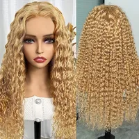 27 #   Perruque Blonde miel cheveux humains 13x6 cheveux humains bouclés dentelle frontale perruque 13x4 dentelle avant perruque de cheveux humains vague profonde perruques 200 densité 3
