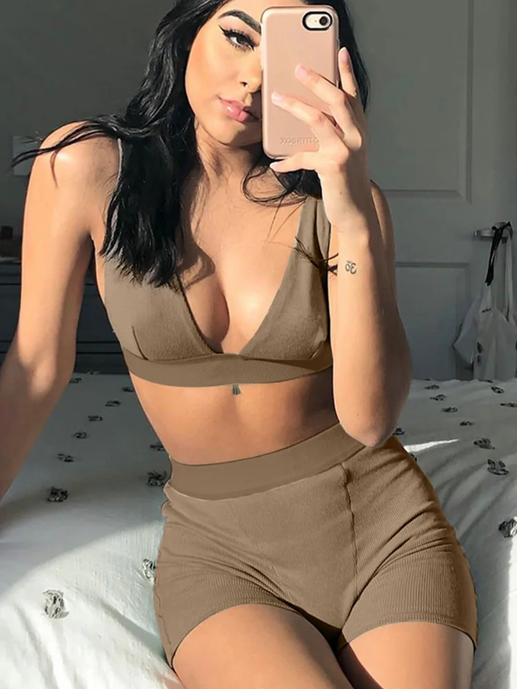 

Sexy Women Sleeveless Strap Bra Bustiers Tank Vest Crop Tops High Waist Shorts Pants Trousers Tracksuit Summer 2023