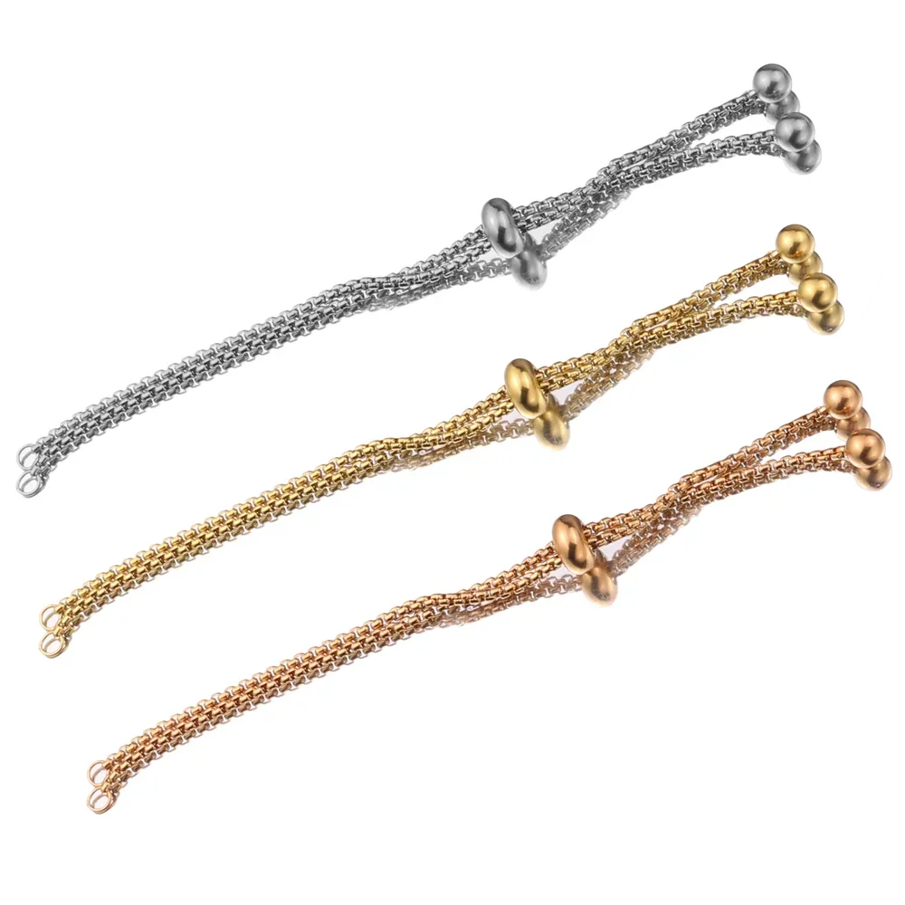 Elegant Gold-Toned Stainless Steel Slide Bracelets with Rubber Bead Accents - Set of 3
