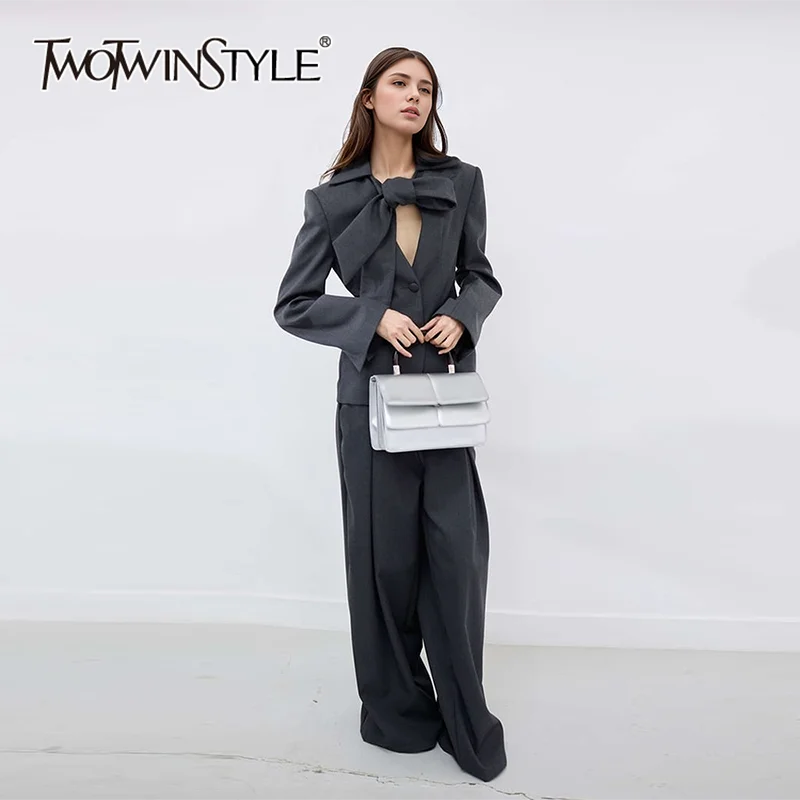 

TWOTWINSTYLE Solid Spliced Lace Up Blazer For Women V Neck Long Sleeve Patchwork Single Breasted Casual Blazers Female Fashion