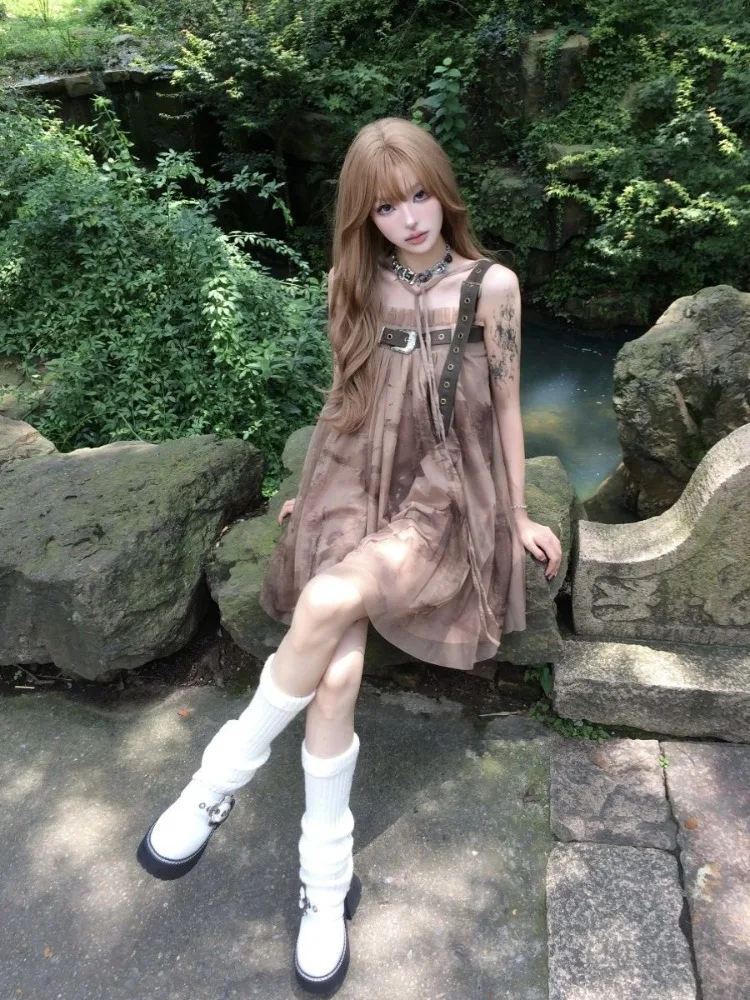 Deeptown 여성용 빈티지 Y2k 사이버 펑크 미니 다크 브라운 원피스, 그런지 한국 스타일 스파게티 스트랩 드레스, 하라주쿠 프린트 얇은 명주 그물 드레스