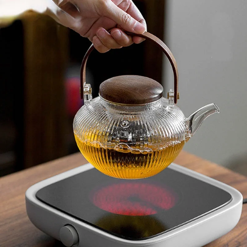 

Thick Stripes TeaPot Heat Resistant Glass Wood Handle Can Be Heated Electric Pottery Stove To Make Open Fame Teapot750ML