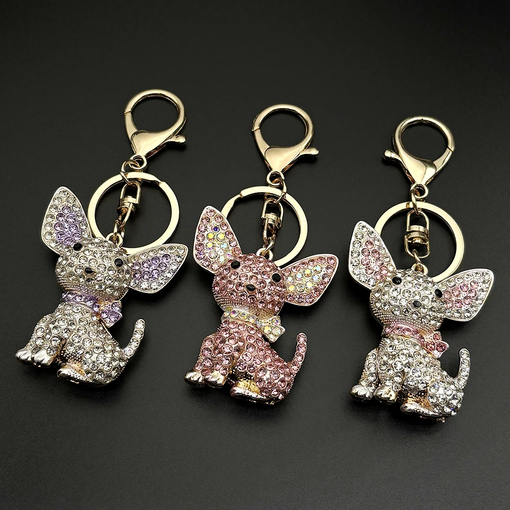 Bling Kristall Chihuahua Schlüsselanhänger für Damen und Herren, goldfarben, Strass, niedlicher Hund, Tier, schöner Schlüsselanhänger, Taschenanhänger, Schmuckzubehör