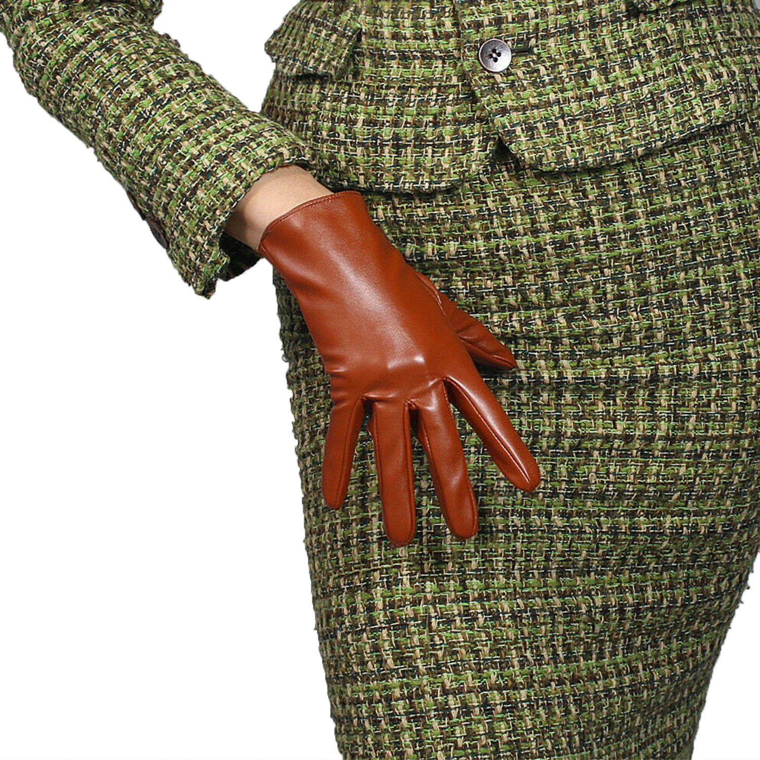 

DooWay Women's Brown Wrist Short Leather Glove Soft Faux PU Camel Tan Cool Fashion Evening Dressing Nightclub Theme Gloves