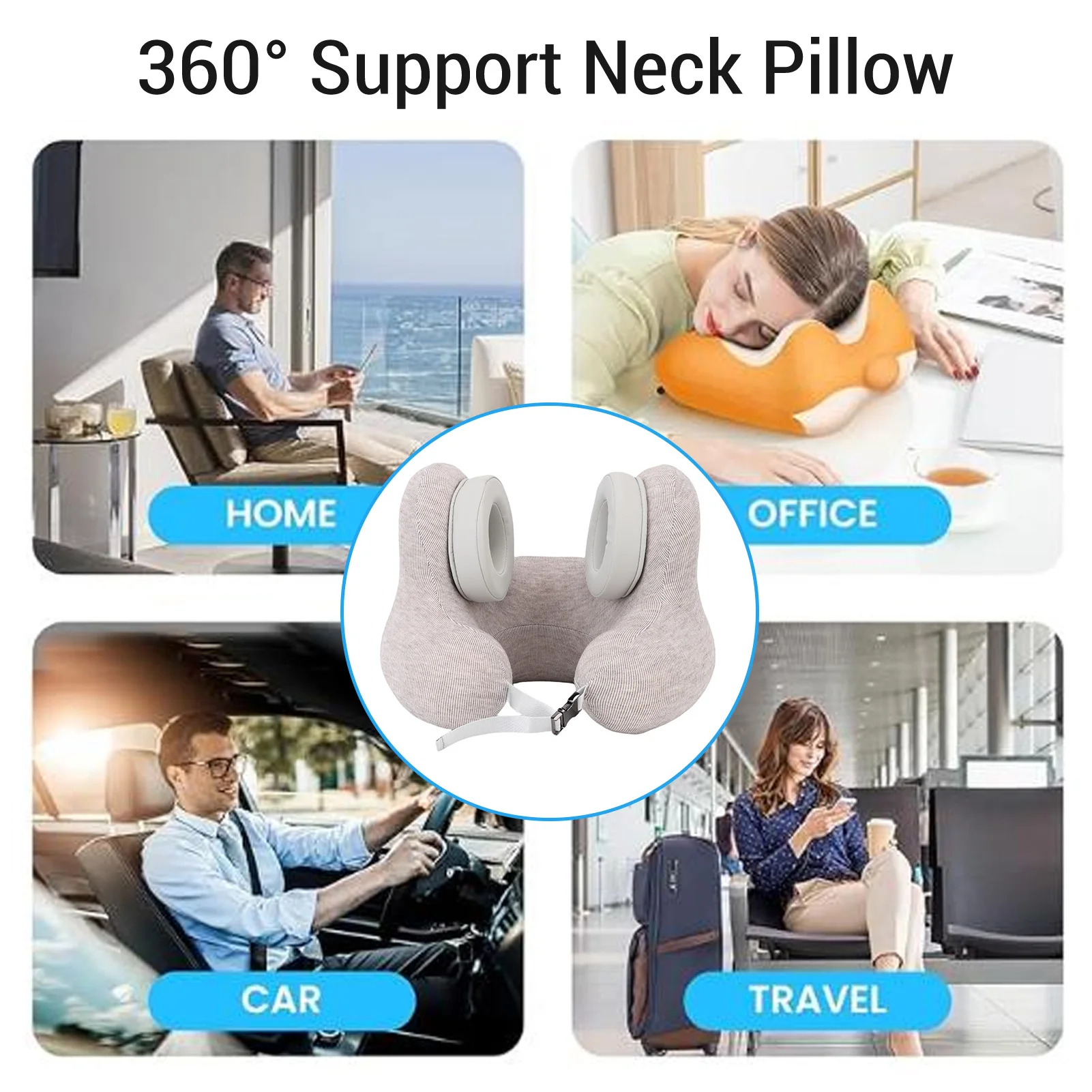 Neck Pillow Noise Reduction Detachable Magnetic Ear Muffs 360° Support Skin Friendly U Shape Neck Pillow for High Speed Train