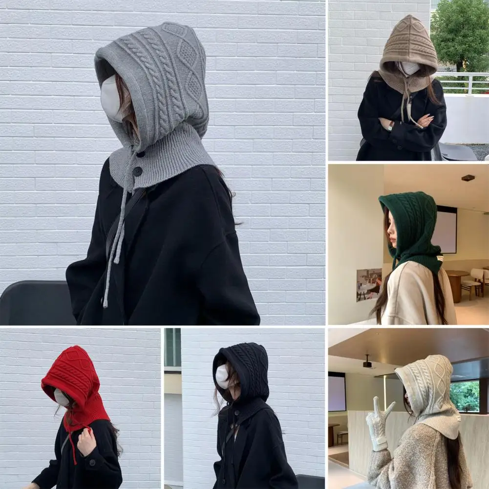Ladies Scarf Hat Cozy Thicken Imitation Cashmere Scarf Hat Set for Women Winter Warm Wool Pullover Windproof Drawstring Scarf 6