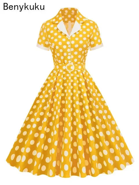 

Notched Collar Vintage 50s Polka Dot Dress Women Elegant Buttons Pinup Rockabilly Robe Ladies Cotton Belted Dresses