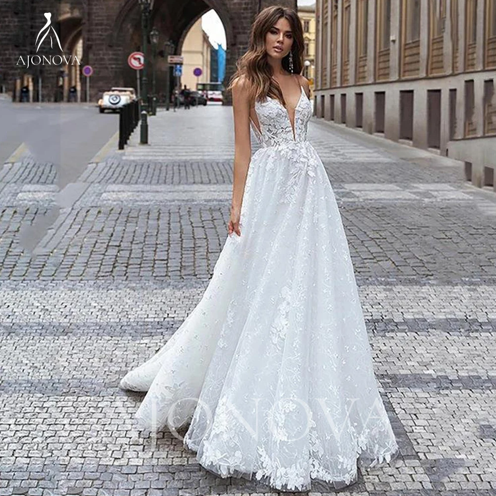 

White Lace Wedding Dresses Guest Wedding Party Dress V Neck Spaghetti Straps Long Dresses for Women Elegant Gown Bride Woman