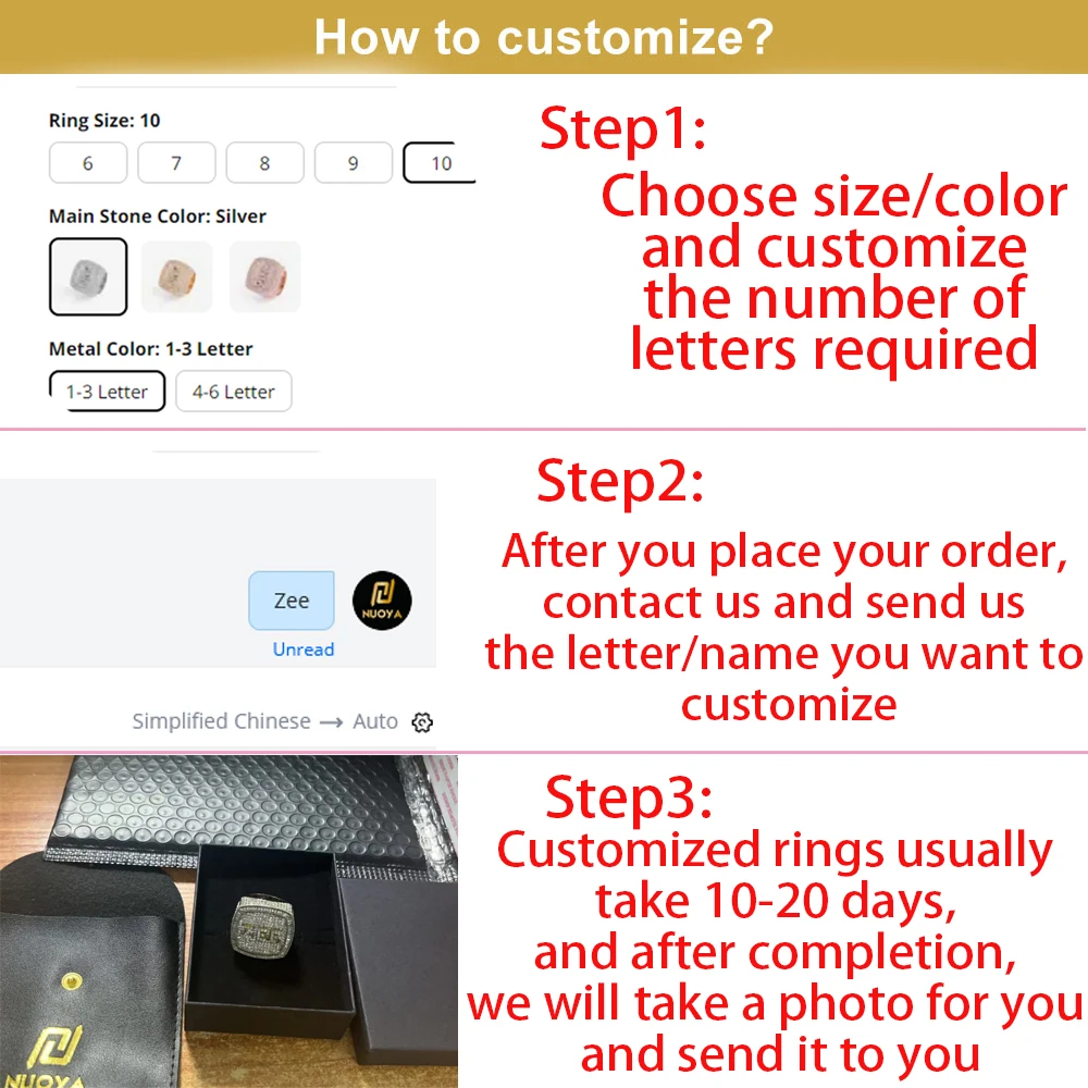 Hip Hop Personalised Custom Name Ring Bling CZ Stone Square Shape Letter Rings for Women Men