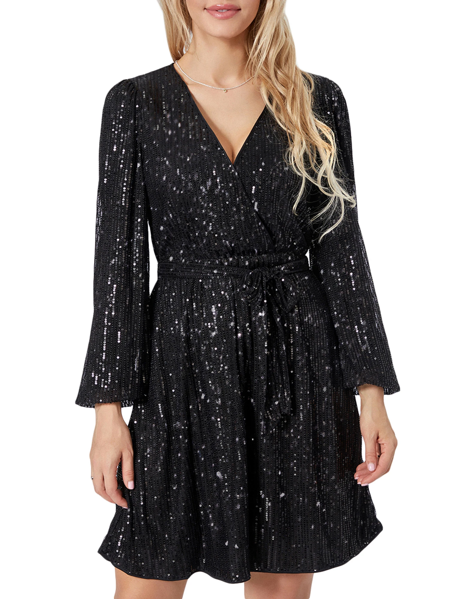 

Women s Sparkly Sequin Mini Dress Long Sleeve V Neck Wrap Belted Party A-Line Cocktail Dress