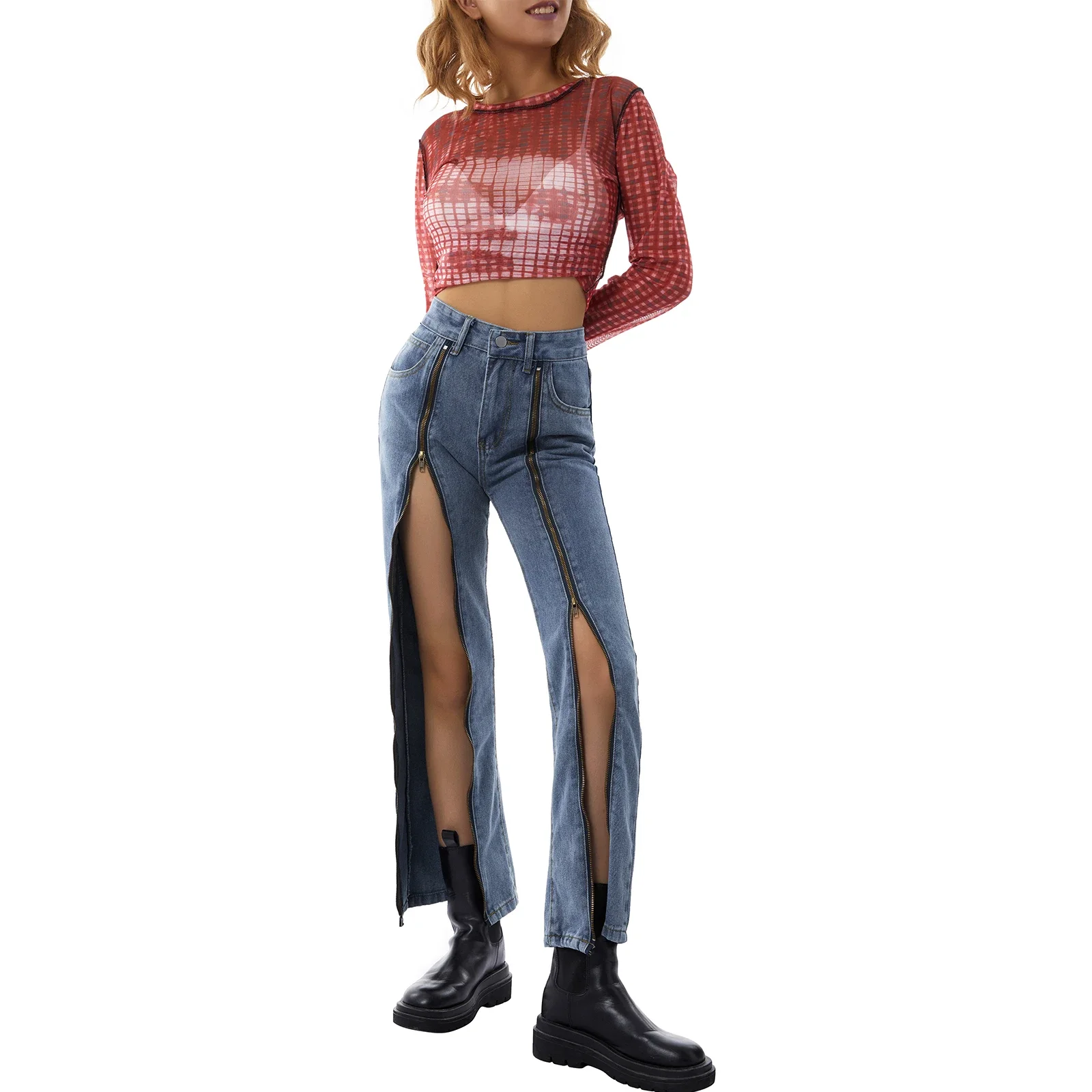 2024 Women New Clothing Pocket Button Denim Jeans Zipper Metal Split Hem Middle Waist Casual Party Street Loose Sliming Pants