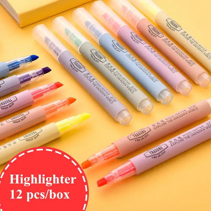 

12pcs/box Highlighter Pen/diagonal Marker Focus Pastel Colored Pen Students Eye-catching with Exams Marker Pen Office Supplies
