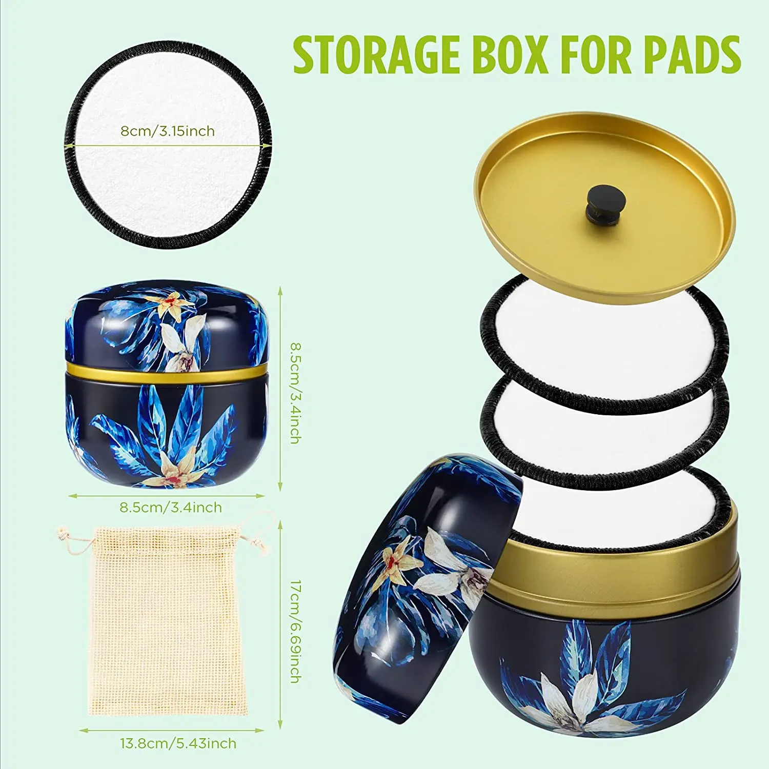 16Pcs/set Bamboo Makeup Remover Reusable Facial Pad Washable Face Round Cotton With Laundry Net Bag And Fashionable Metal Box