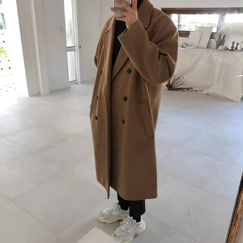 Autumn/Winter Mid Length Windbreaker Thickened Trendy Coat Korean Version Loose Casual Long Woolen Coat