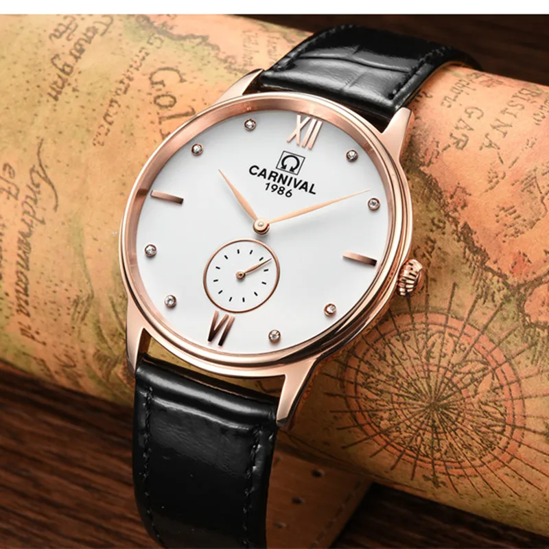 Montre Homme Carnival Brand Luxury Quartz Watch for Men Fashion Small Second Leather Strap Wrist Watch Waterproof Reloj Hombre