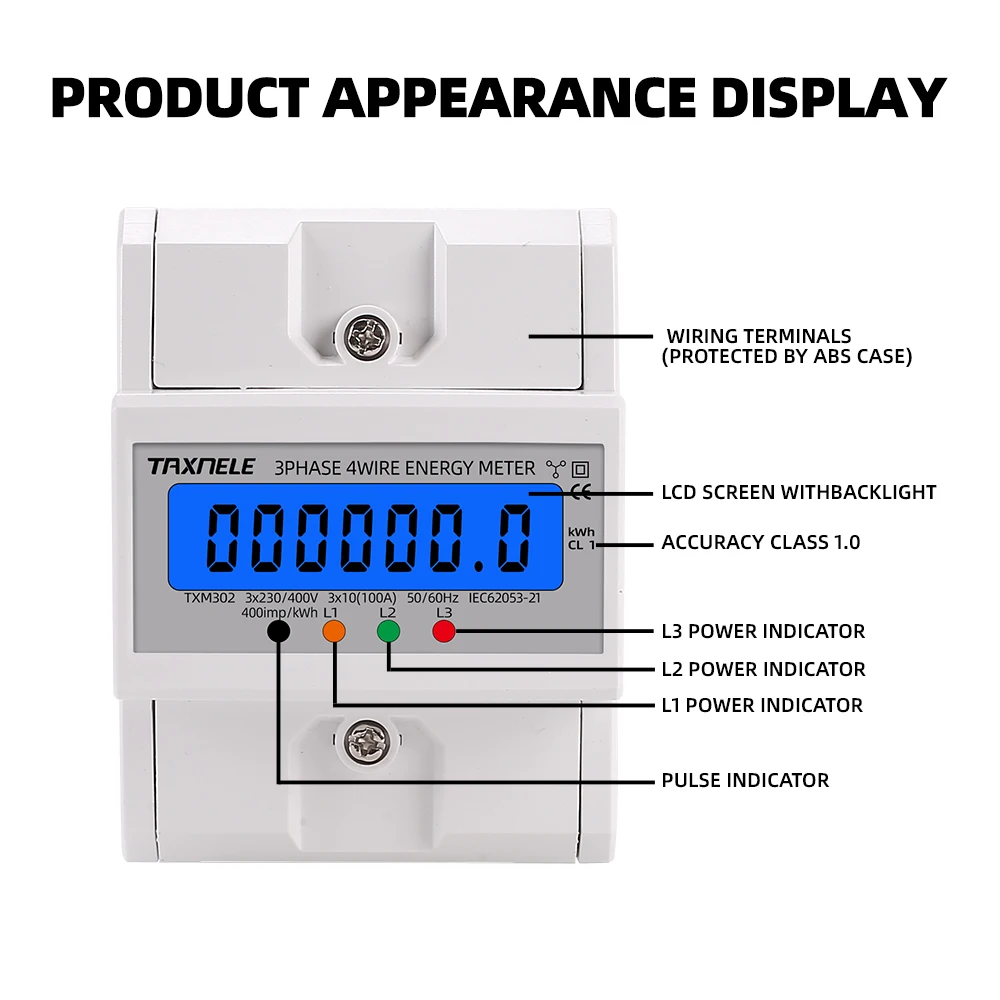 TAXNELE Din Rail 380V 3fázový elektroměr 100A AC 50Hz 60Hz LCD - Image 5