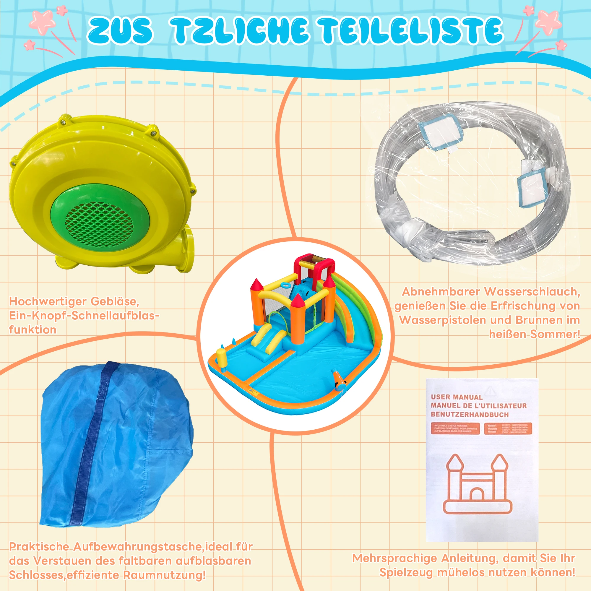 Multifunktionales aufblasbares Outdoor-Hüpfhaus mit Gebläse, Wasserrutsche, Trampolin, Basketballkorb und 2 Poolbereichen für trockene Nutzung. – Detail 8