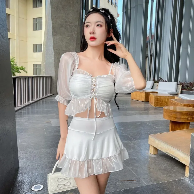 

2023 Pure Desire Style Swimsuits Women Summer Swimwear Ladies Korean 2 Piece Boxer Belly Cover Skirt Hot Spring Student Large