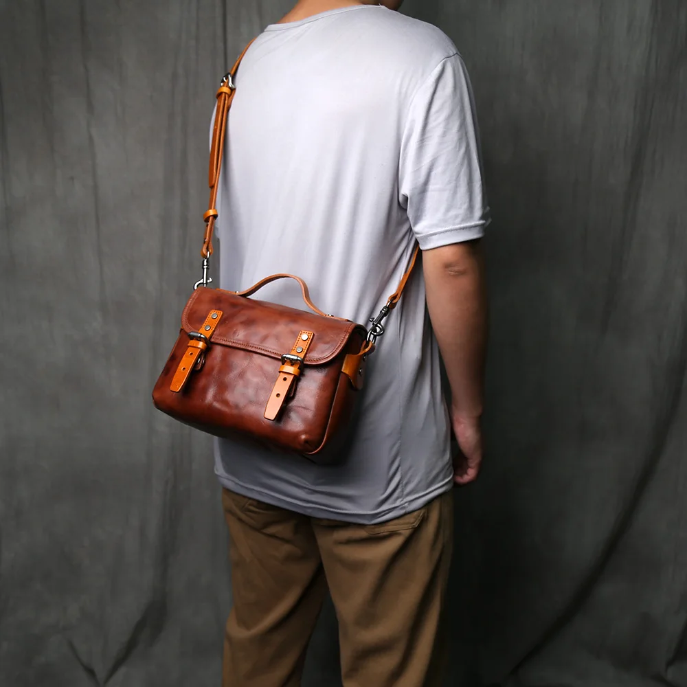 NZPJ Men's Vintage Genuine Leather Shoulder Bag Top Layer Cowhide Crossbody Casual Bag Suitable For 10-Inch IPad