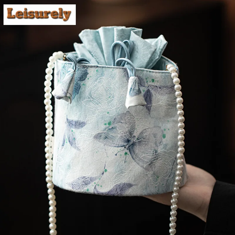 Blue Butterfly Drawstring Bucket Bag Fabric Tea Cozies Elegant Tea Cozy For Teapot Hand Bag Travel Tea Set Bag Chinese Tea Set
