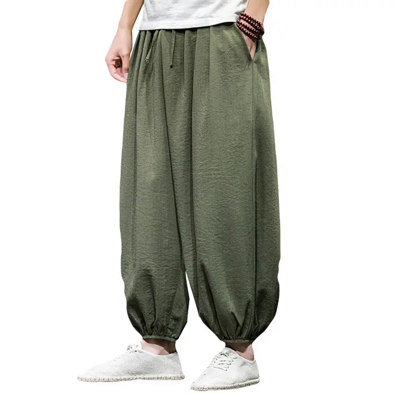 

Summer Solid Color Fashion Elastic Waist Lantern Pants Man High Street Cotton Hemp Pockets Patchwork Loose Comfortable Trousers