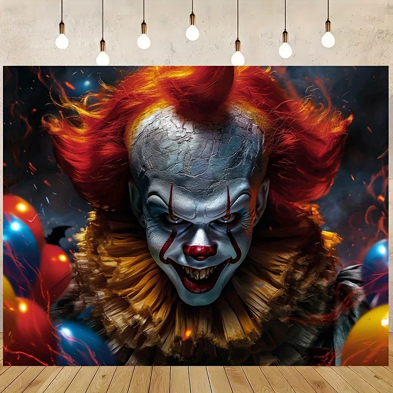 Ein flaches 2D-Halloween-Polyester-Hintergrundtuch mit erschreckendem und bösen Clown-Muster, geeignet für Halloween – Detail 6