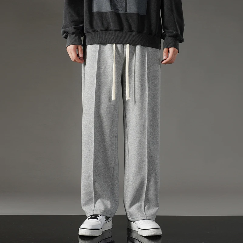 Men's Spring Autumn Solid Pockets Elastic High Waisted Drawstring Casual Loose Straight Leg Wide Leg Trousers Fashion Pants wide leg pants