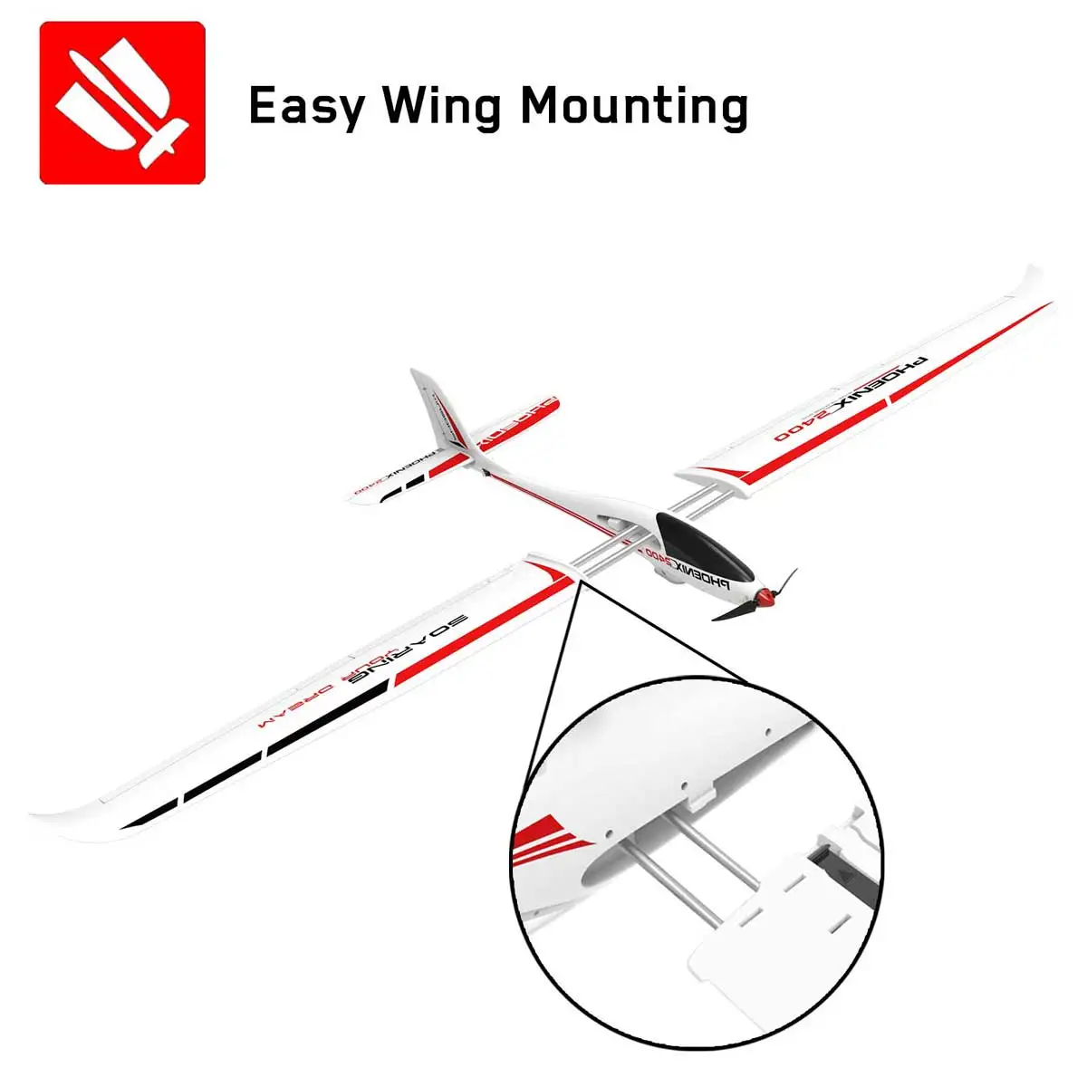 Détail de l'aile du planeur RC Phoenix V2 2000mm PNP - Volantex Hobby 759-2 avec son revêtement blanc et bleu