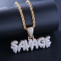 Hip Hop Ice Out Square Crystal S-A-V-A-G-E Letter Pendant Necklace for Men and Women Street One Last Party Trendy Jewelry Gift 1