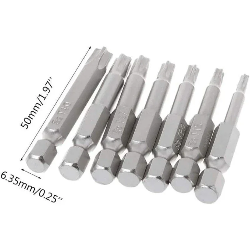 7 Stück 5-Punkt-Stern-Schraubendreher-Bits 50 mm S2 magnetischer Stern-Schraubendreher 1/4 Zoll Sechskantschaft T10 T15 T20 T25 T27 T30 T40 – Detail 2